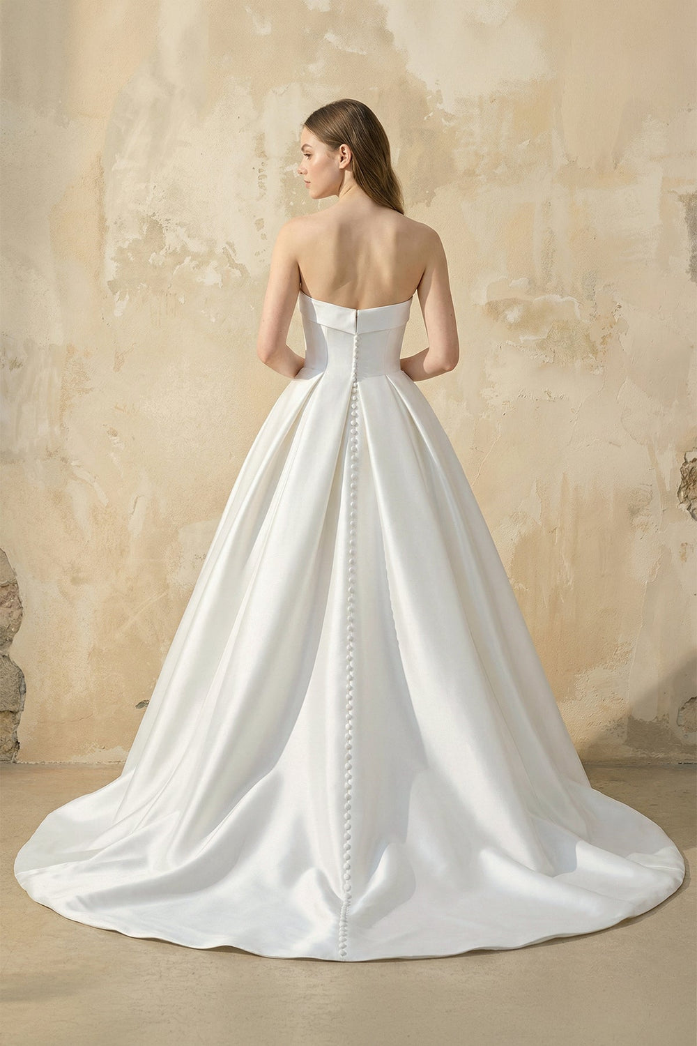 Strapless Satin Ball Gown With Bow in White - SHE IS ME Wedding Dresses