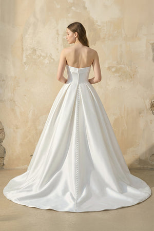 Strapless Satin Ball Gown With Bow in White - SHE IS ME Wedding Dresses