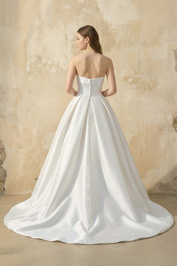 Strapless Satin Ball Gown With Bow in White - SHE IS ME Wedding Dresses