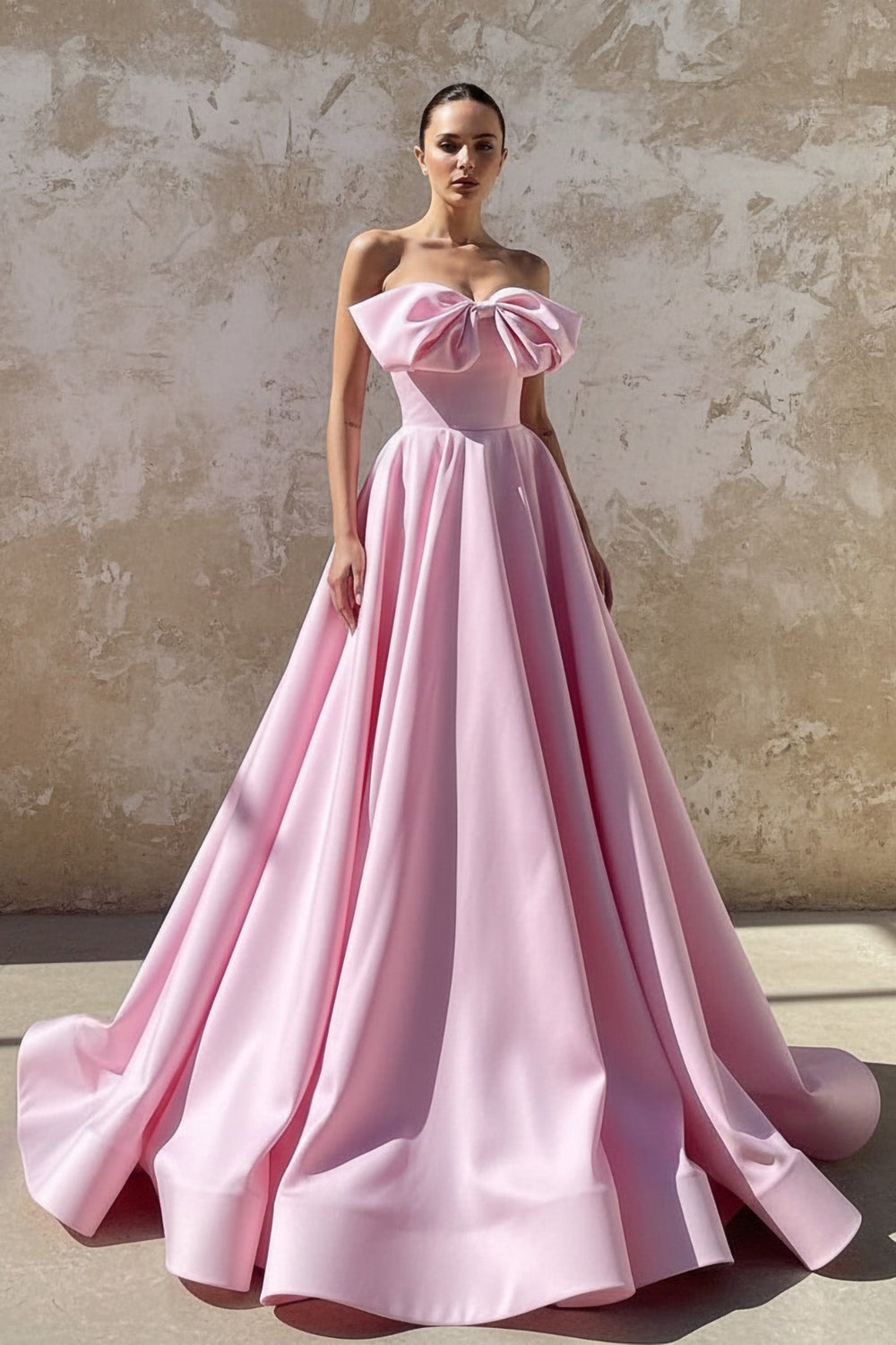 Sheisme-Pink Satin Strapless A-Line Gown Bowknot Evening Formal Dress