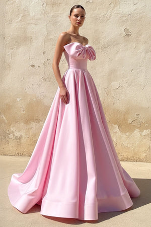 Sheisme-Pink Satin Strapless A-Line Gown Bowknot Evening Formal Dress