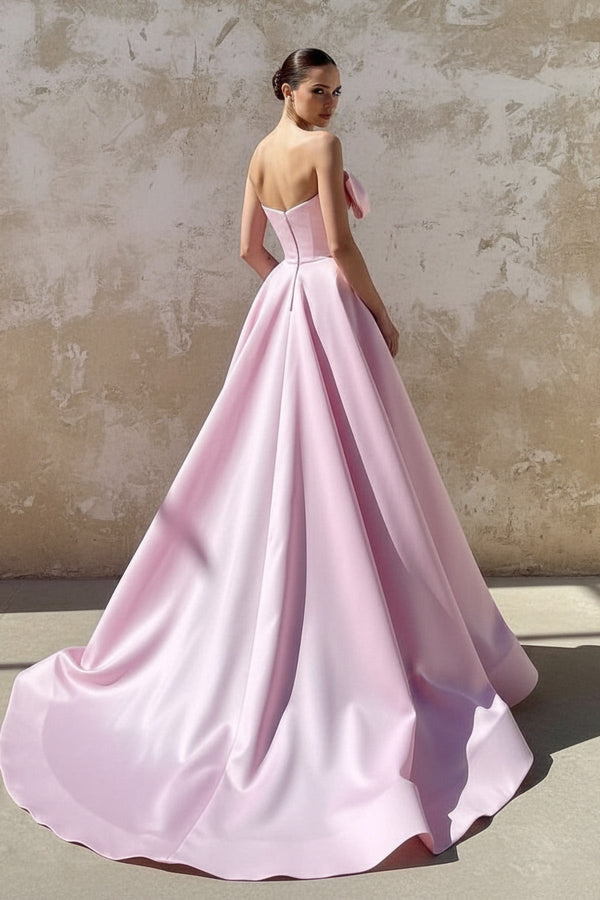Strapless Satin Bow Prom Dress in Pink - SHE IS ME PROM DRESSES