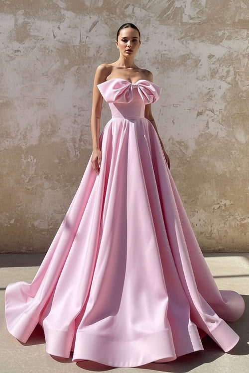 Strapless Satin Bow Prom Dress in Pink - SHE IS ME PROM DRESSES