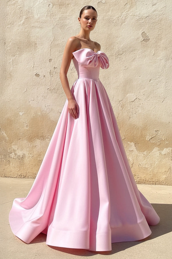 Strapless Satin Bow Prom Dress in Pink - SHE IS ME PROM DRESSES
