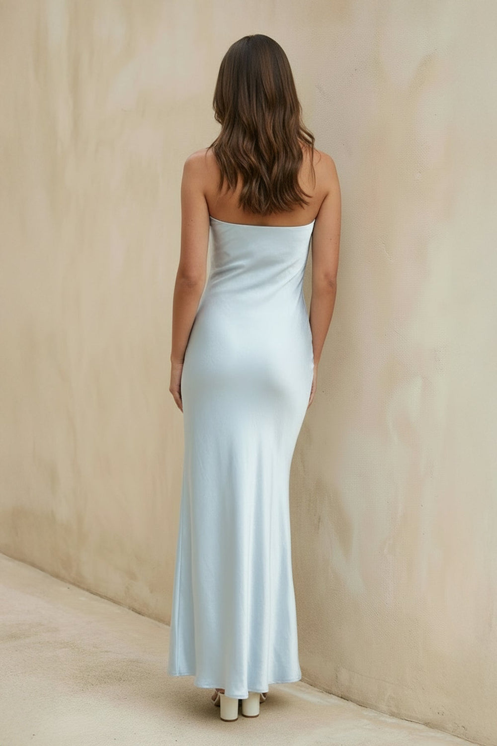 Strapless Satin Draped Maxi Dress in Sky Blue - SHE IS ME PROM DRESSES