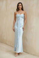 Strapless Satin Draped Maxi Dress in Sky Blue - SHE IS ME