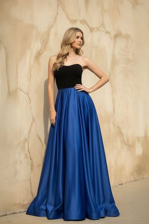 Sheisme-Black & Blue Satin Strapless A-Line Maxi Evening Formal Dress