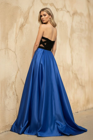 Sheisme-Black & Blue Satin Strapless A-Line Maxi Evening Formal Dress