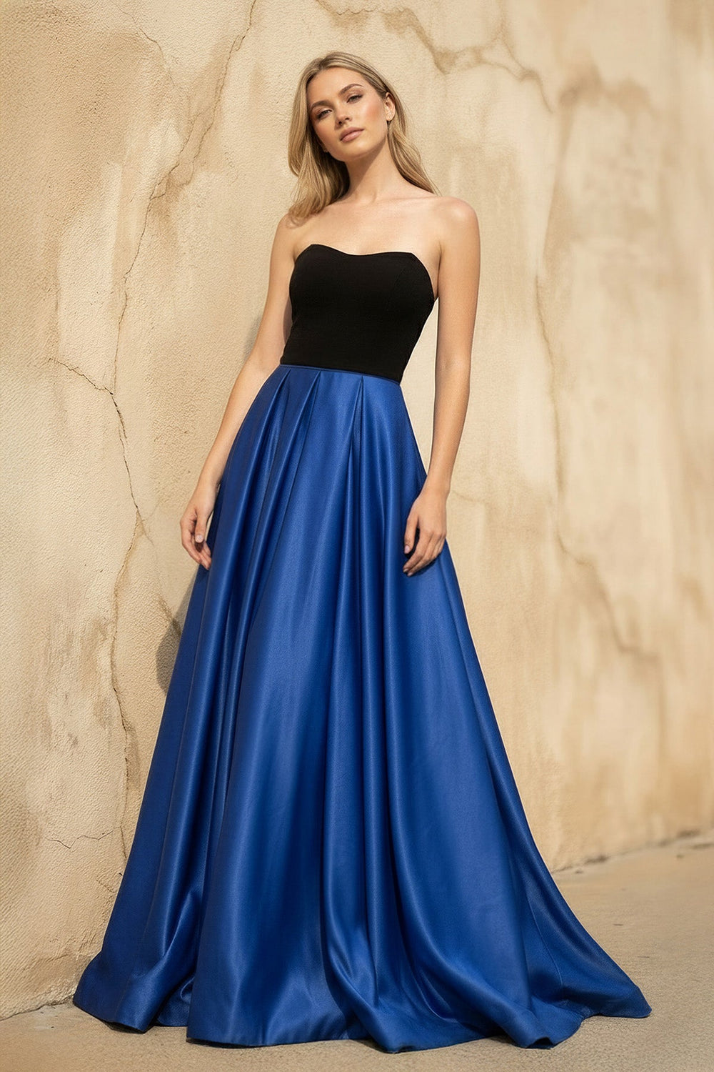 Strapless Satin Gown in Black and Royal Blue - SHE IS ME
