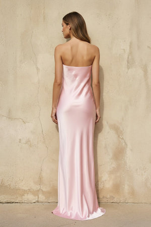 Strapless Satin Maxi Dress in Pink - SHE IS ME