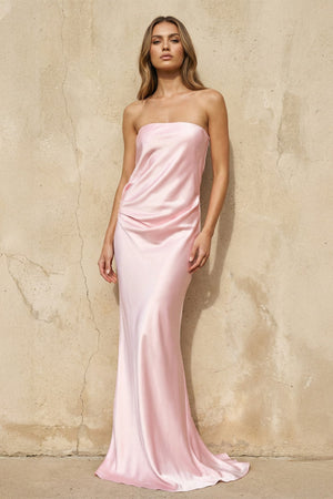 Strapless Satin Maxi Dress in Pink - SHE IS ME