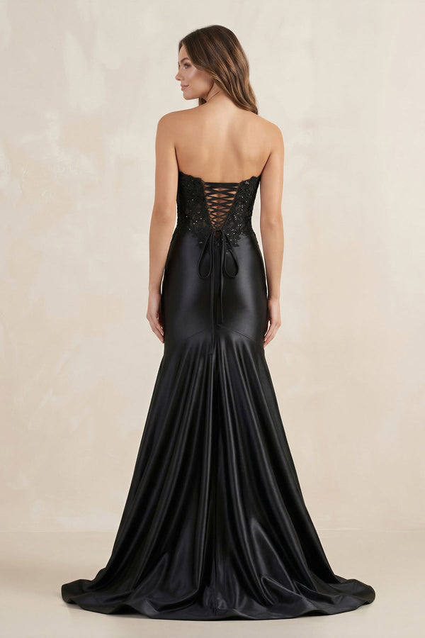 Strapless Satin Mermaid Long Prom Dress With Slit in Black - SHE IS ME Prom Dresses