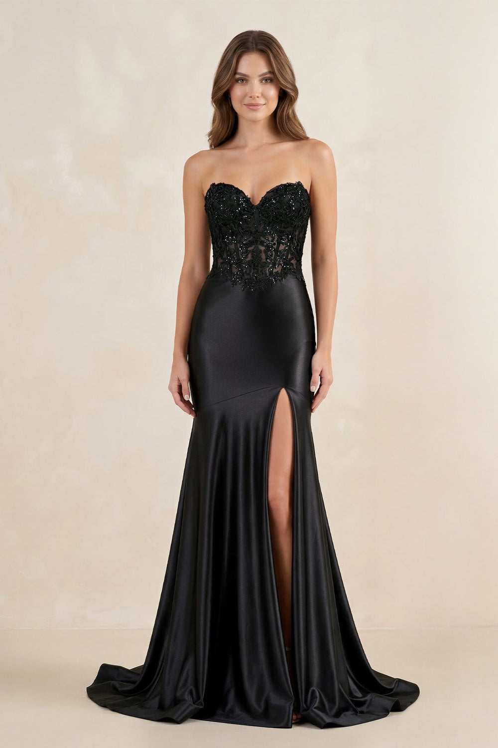 Strapless Satin Mermaid Long Prom Dress With Slit in Black - SHE IS ME Prom Dresses