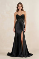Strapless Satin Mermaid Long Prom Dress With Slit in Black - SHE IS ME Prom Dresses