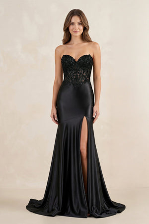 Strapless Satin Mermaid Long Prom Dress With Slit in Black - SHE IS ME Prom Dresses