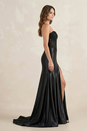 Strapless Satin Mermaid Long Prom Dress With Slit in Black - SHE IS ME Prom Dresses