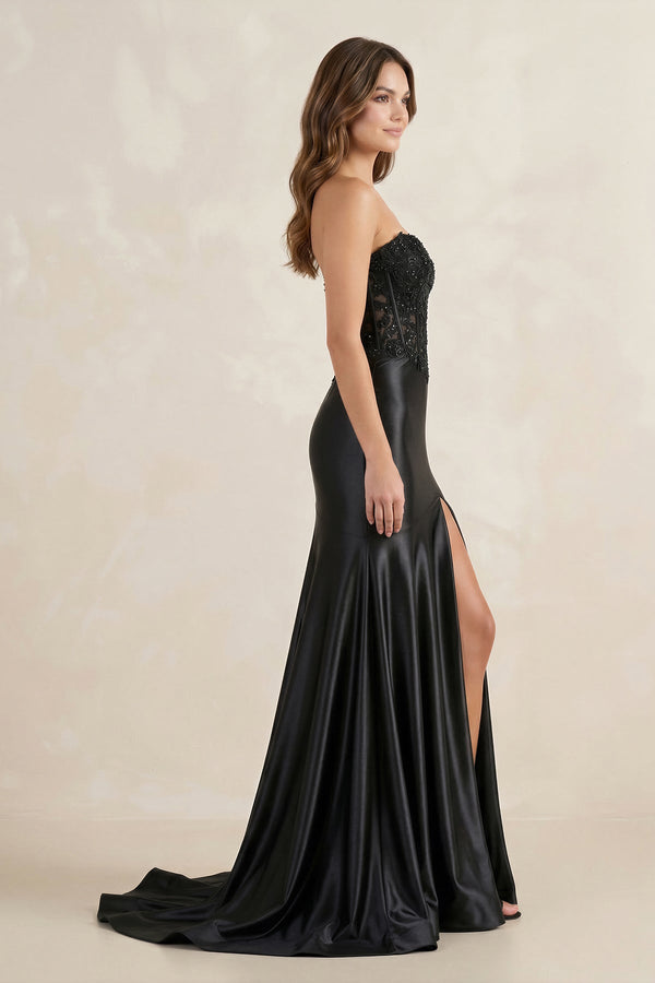 Strapless Satin Mermaid Long Prom Dress With Slit in Black - SHE IS ME Prom Dresses
