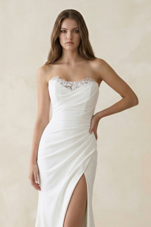 Strapless Satin Mermaid Ruched Wedding Dress With Slit in White - SHE IS ME Wedding Dresses