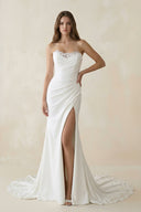 Strapless Satin Mermaid Ruched Wedding Dress With Slit in White - SHE IS ME Wedding Dresses