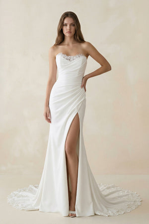 Strapless Satin Mermaid Ruched Wedding Dress With Slit in White - SHE IS ME Wedding Dresses