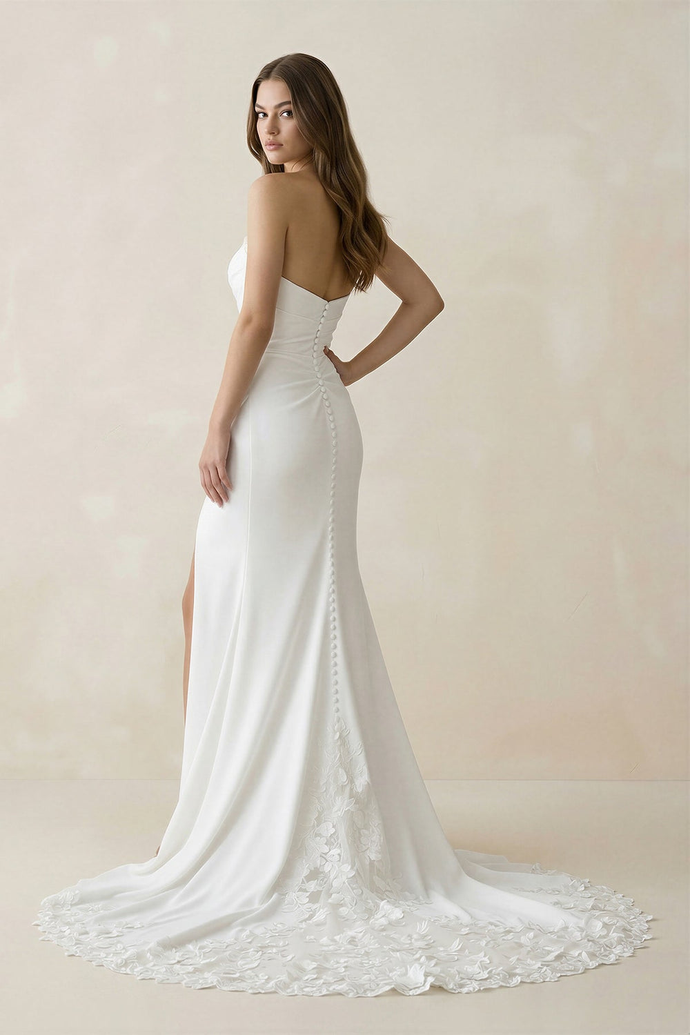 Strapless Satin Mermaid Ruched Wedding Dress With Slit in White - SHE IS ME Wedding Dresses