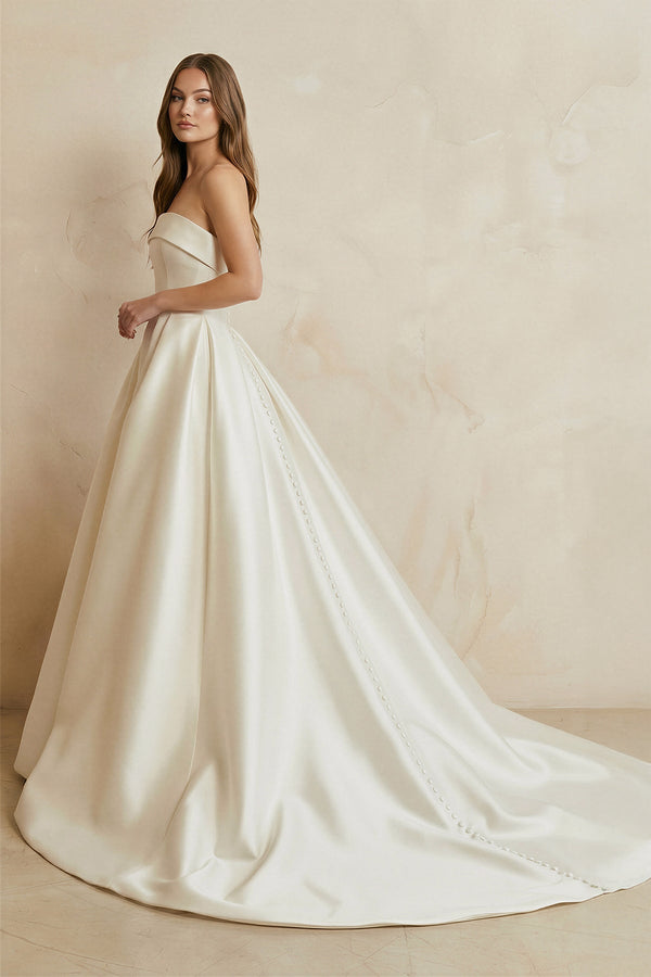 Strapless Satin Pleated Ball Gown in Ivory - SHE IS ME Wedding Dresses