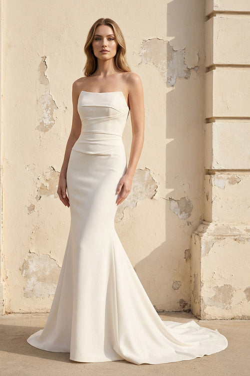 Strapless Satin Pleated Mermaid Wedding Dress - SHE IS ME Wedding Dresses