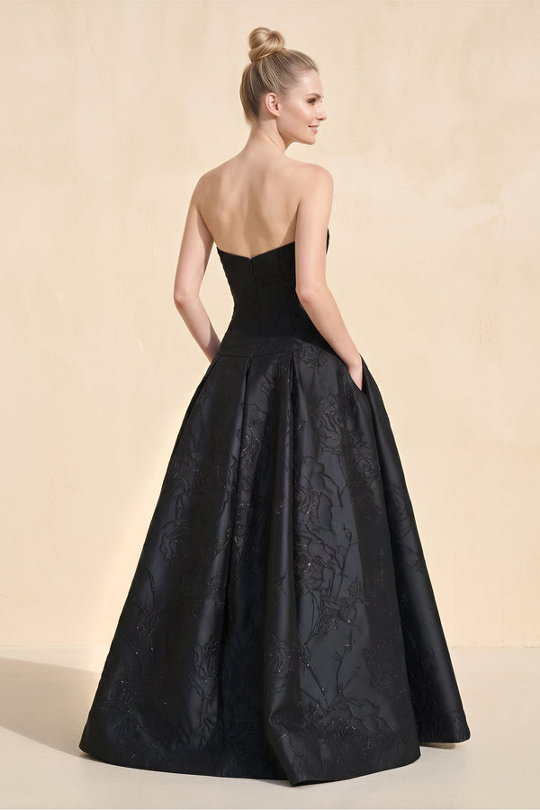 Strapless Satin Ruched A - Line Appliqued Wedding Dress in Black - SHE IS ME Wedding Dresses