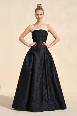 Strapless Satin Ruched A - Line Appliqued Wedding Dress in Black - SHE IS ME Wedding Dresses