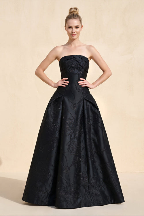 Strapless Satin Ruched A - Line Appliqued Wedding Dress in Black - SHE IS ME Wedding Dresses