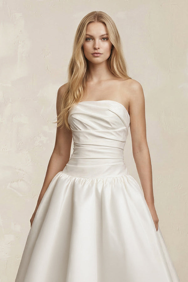 Strapless Satin Ruched A - Line Maxi Wedding Dress in White - SHE IS ME Wedding Dresses