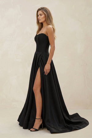 Strapless Satin Ruched A - Line Wedding Dress with Slit in Black - SHE IS ME Wedding Dresses