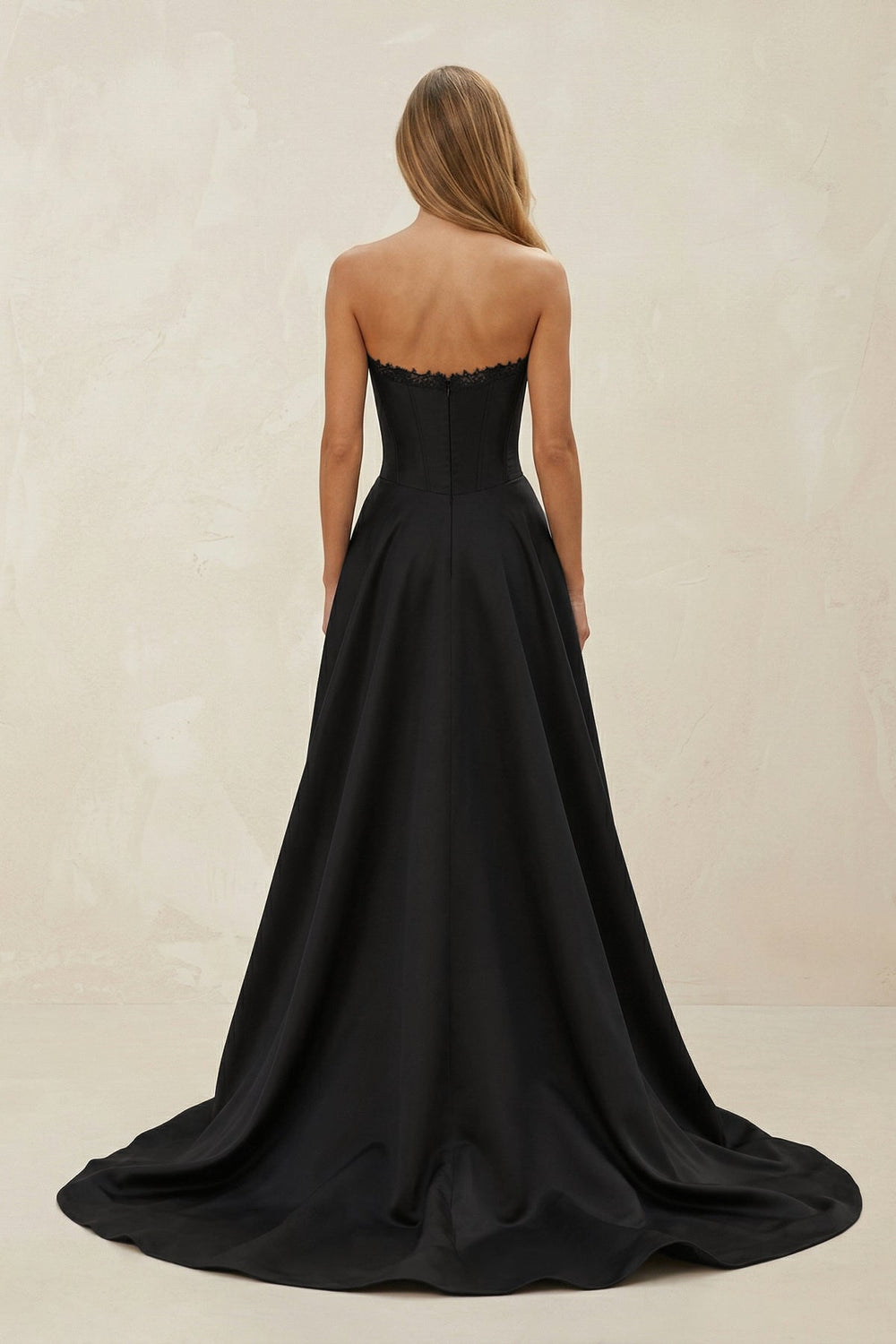 Strapless Satin Ruched A - Line Wedding Dress with Slit in Black - SHE IS ME Wedding Dresses