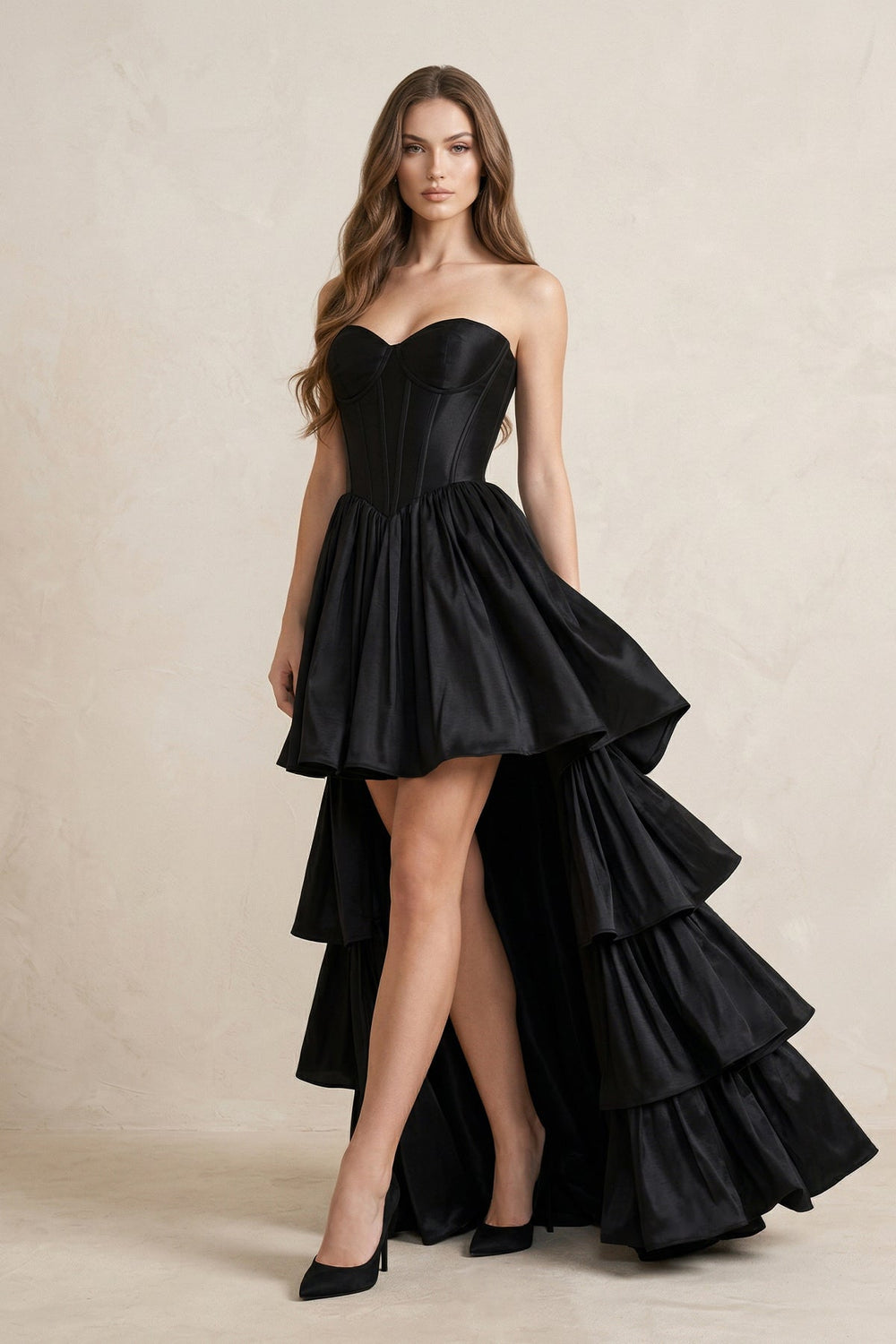 Strapless Satin Sweetheart High - Low A - Line Wedding Dress With Ruffles in Black - SHE IS ME Wedding Dresses