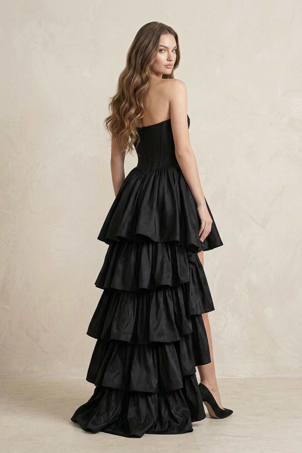 Strapless Satin Sweetheart High - Low A - Line Wedding Dress With Ruffles in Black - SHE IS ME Wedding Dresses