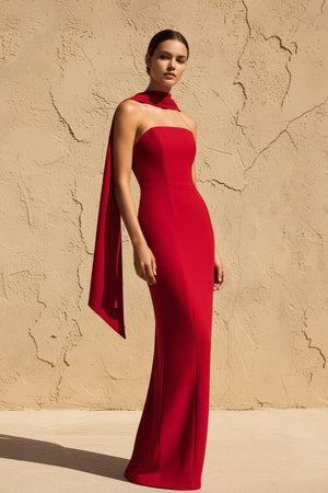 Strapless Scarf - Draped Maxi Dress in Red - SHE IS ME