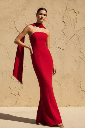 Strapless Scarf - Draped Maxi Dress in Red - SHE IS ME
