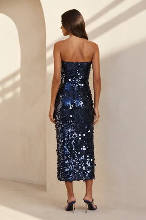 Strapless Sequined Midi Dress in Navy - SHE IS ME