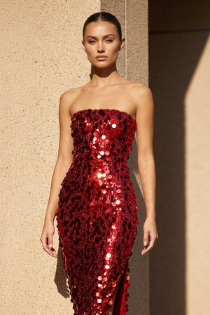 Strapless Sequined Midi Dress in Red - SHE IS ME