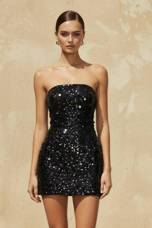 Sheisme-Black Sequin Strapless Sheath Mini Cocktail Evening Dress