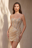 Strapless Sequins Mini Dress With Beading in Champagne - SHE IS ME