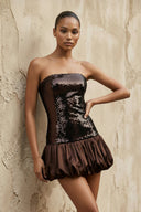 Strapless Sequins Mini Dress With Bubble Hem in Brown - SHE IS ME