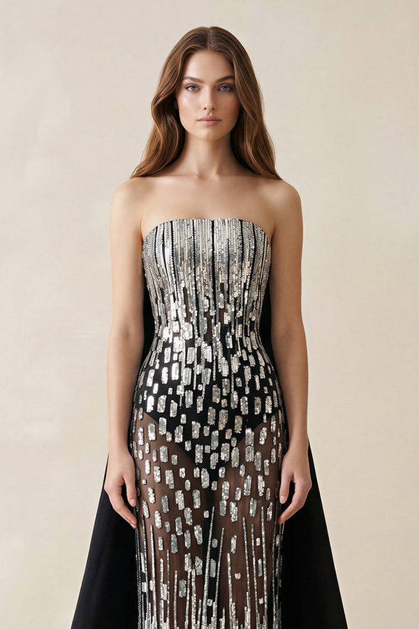 Strapless Sequins Sheath Wedding Dress With Train in Black - SHE IS ME Wedding Dresses