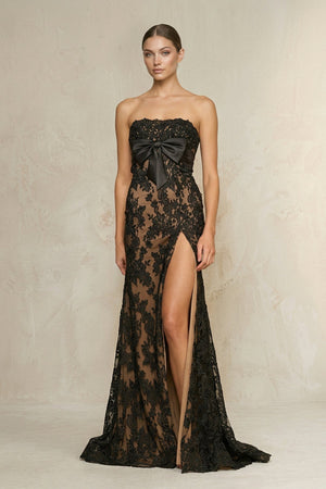 Strapless Sheath Lace Wedding Dress With Slit in Black - SHE IS ME Wedding Dresses