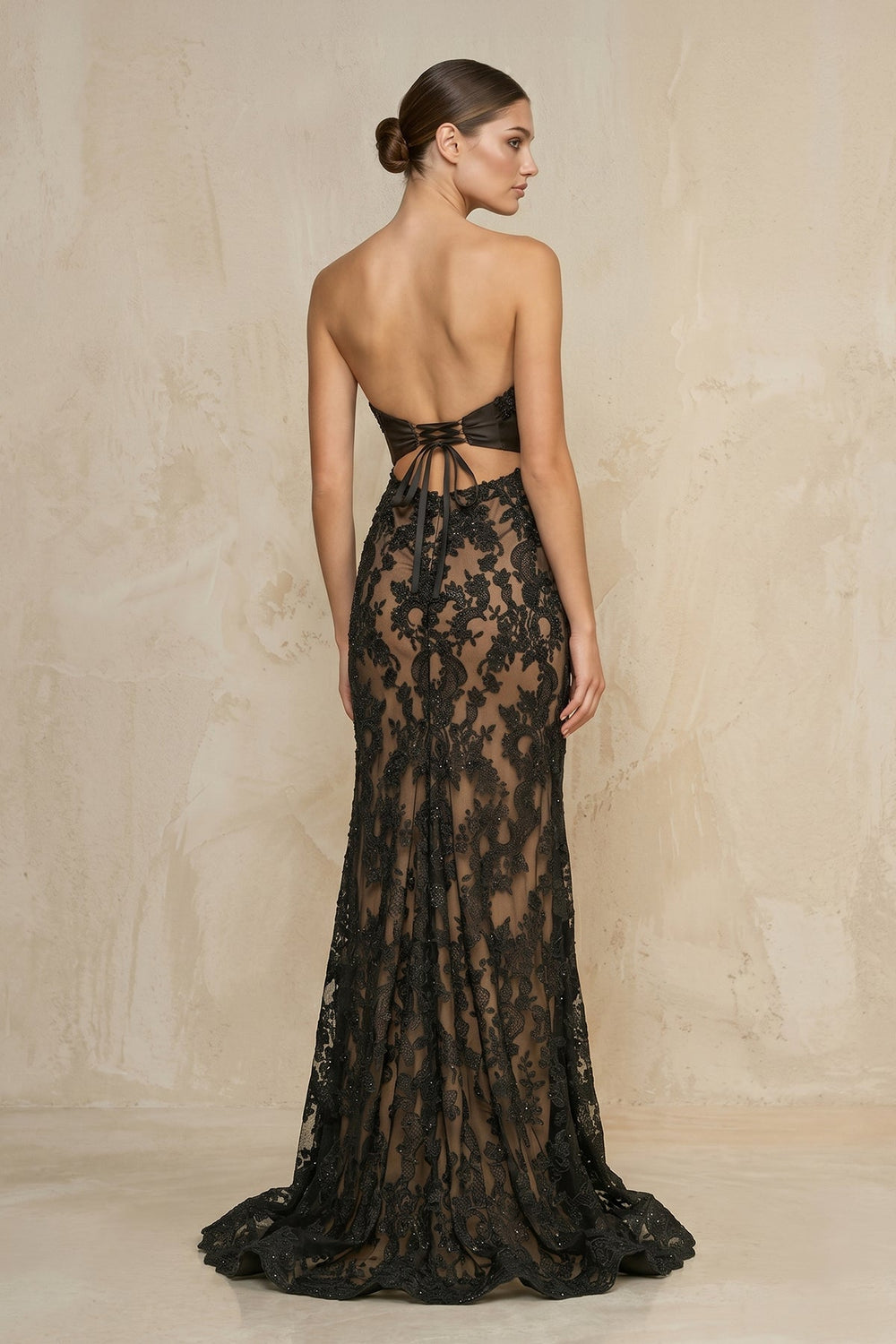 Strapless Sheath Lace Wedding Dress With Slit in Black - SHE IS ME Wedding Dresses