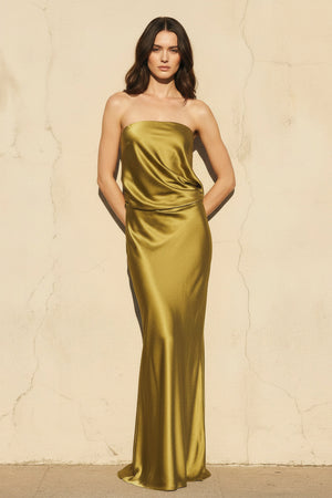 Strapless Sheath Maxi Dress in Olive - SHE IS ME