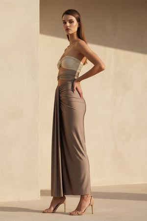 Strapless Sheath Maxi Dress With Cutout in Brown - SHE IS ME PROM DRESSES