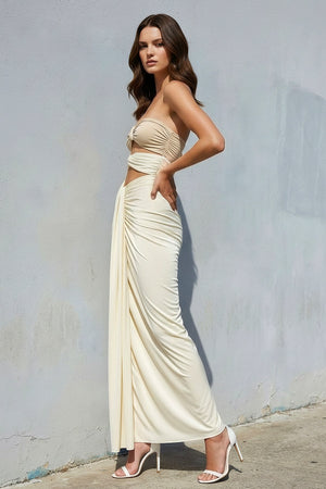 Strapless Sheath Maxi Dress With Cutout in Ivory - SHE IS ME PROM DRESSES