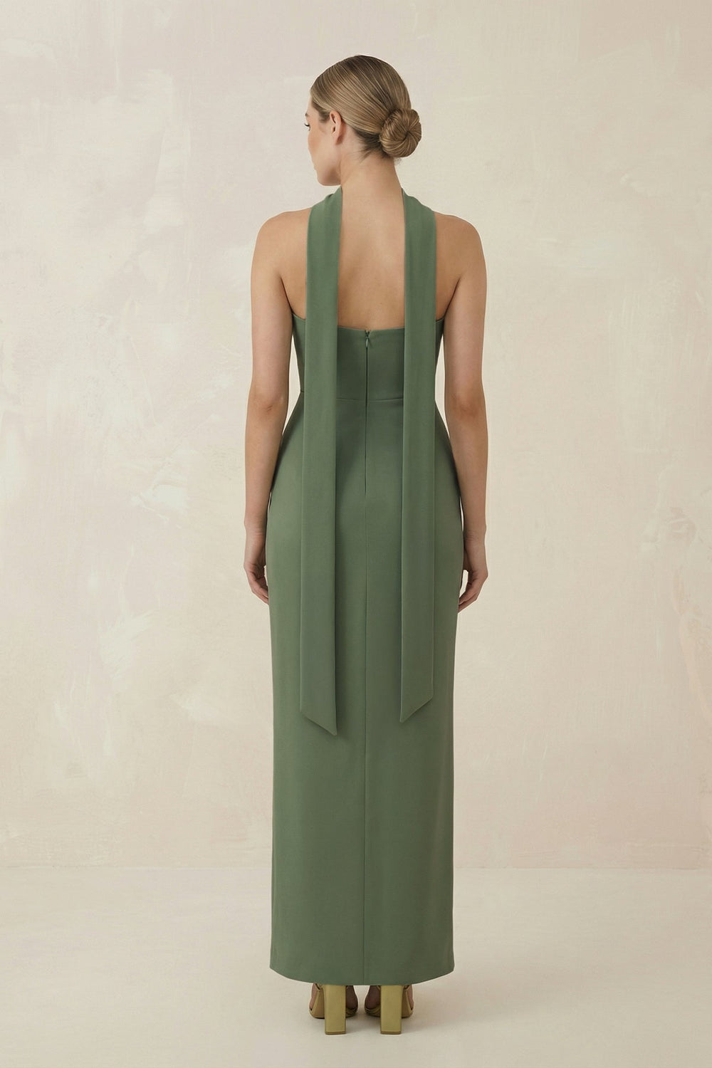 Strapless Sheath Midi Bridesmaid Dress With Ribbon in Thyme - SHE IS ME Bridesmaid Dresses