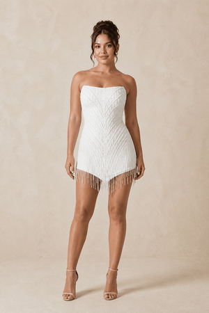 Strapless Sheath Mini Wedding Dress with Tassel in White - SHE IS ME Wedding Dresses